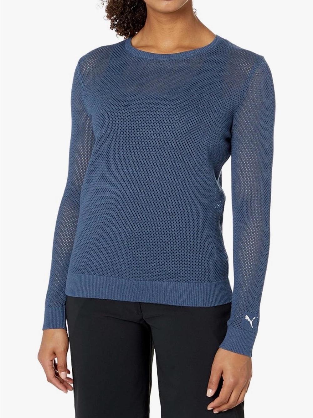 PUMA Blue Perforated Mesh Long Sleeve Crewneck Knit Golf Sweater - Med